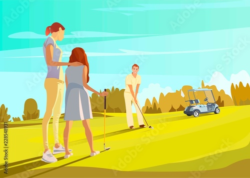 Father teaching his daughter to play Golf.vector illustration
