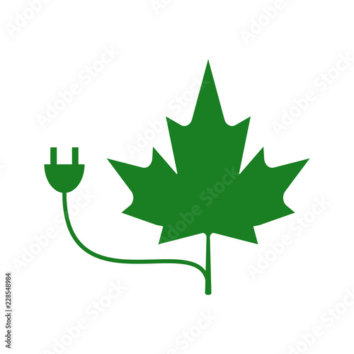 Green energy concept of Maple Leaf merged with electrical power cord.