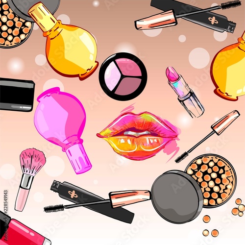 Background with make up products. Cosmetics.