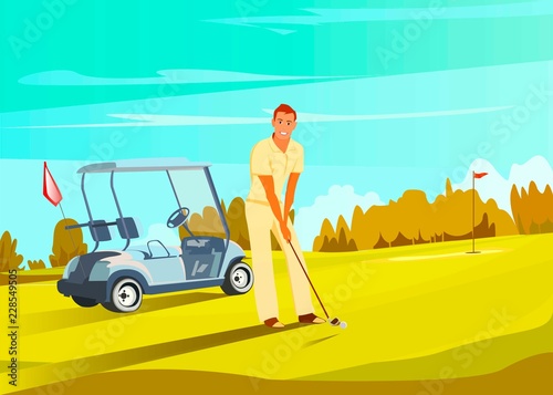 Golf player at course horizontal retro cartoon bannerwith red pin flag isolated vector illustration.