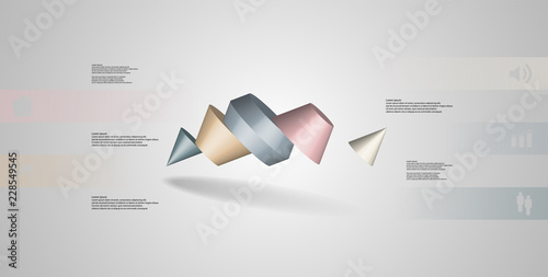 3D illustration infographic template with two spiked cone divided to five parts askew arranged