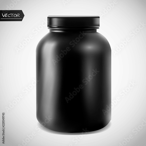 Realistic vector sport nutrition container without label. Whey protein and mass gainer black plastic jar isolated on white background.