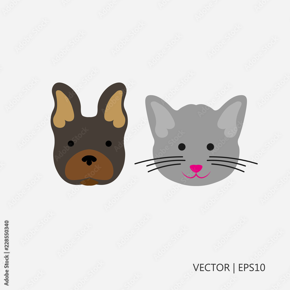 Vector illustration. Brown dog and gray cat. Cat with pink nose. Best friends. Sketch. Drawing for children. Flat icon