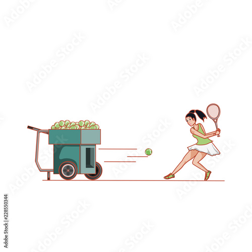 woman practicing tennis with ball throwing machine