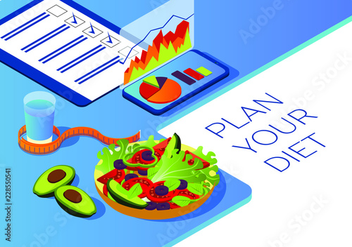 Healthy food in isometric. Mobile application for counting calories. Seasonal vegetables and fruits. Smartphone with graphs on a white background