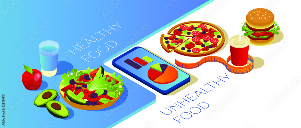 Comparison of healthy food and unhealthy food. Mobile application for counting calories. Seasonal vegetables and fruits, pizza burger and cola. Smartphone with graphs on a white background. Isometric 