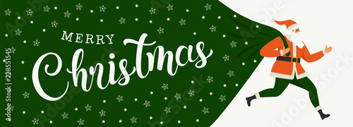 Santa Claus with a huge bag on the run to delivery christmas gifts isolated on white background.