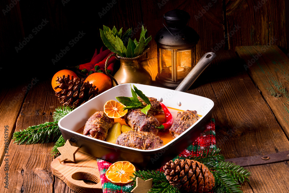 Wintry beef roulades with plum and bacon stuffing and cucumber Wintry beef roulades with plum and bacon stuffing and cucumber
