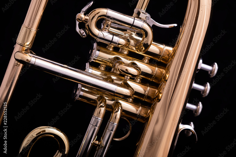 Obraz premium A part of a four valve lacquered flugelhorn on a black background. A brass instrument common to jazz and brass bands.
