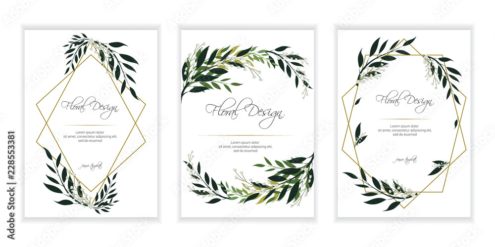 Banner on flower background. Flyer for   wedding  invitation. Natural botanical Greeting editable template. Geometrical golden Frame, border