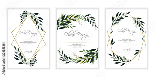 Banner on flower background. Flyer for   wedding  invitation. Natural botanical Greeting editable template. Geometrical golden Frame, border