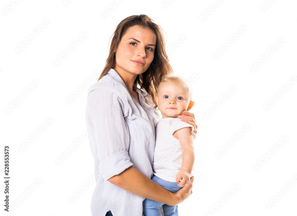 A mother holdng his baby on studio white background A mother holdng his baby on studio white background