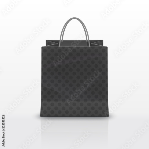 Realistic black Paper shopping bag with handles isolated on white background. Vector illustration