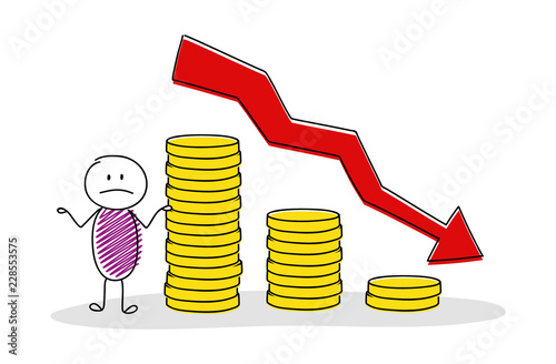 Sad stickman showing coin stacks graph. Vector.
