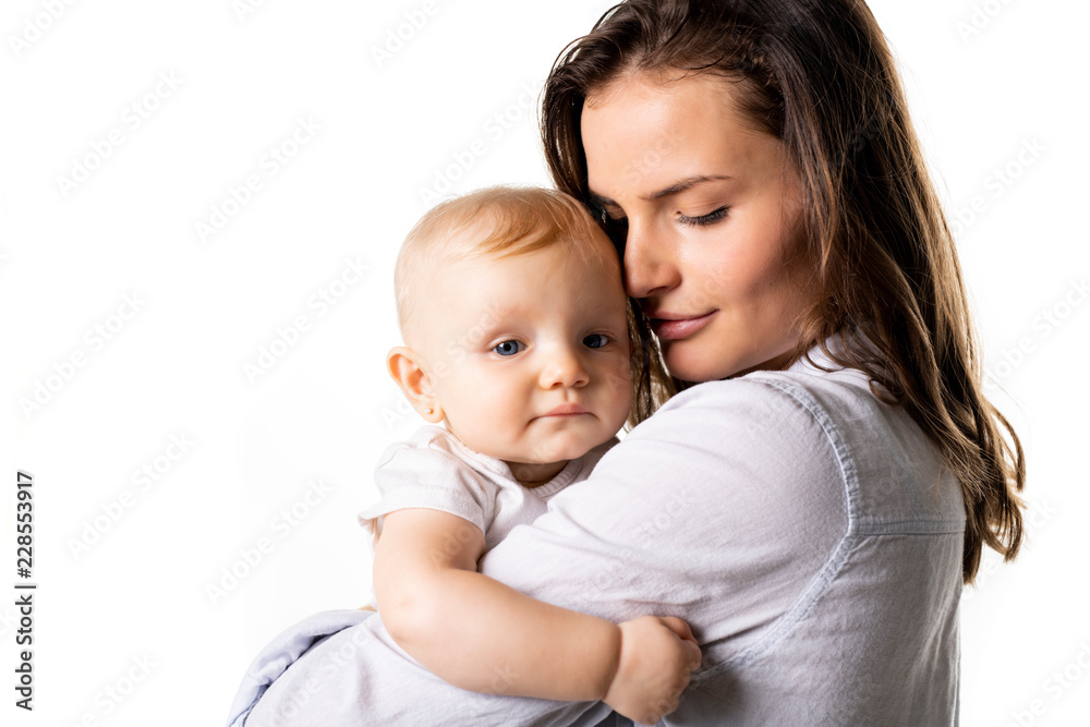 A mother holdng his baby on studio white background A mother holdng his baby on studio white background