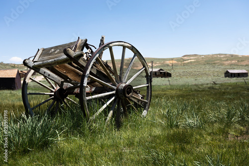 Bodie Ghost Town, an old carriage with huge wheels
