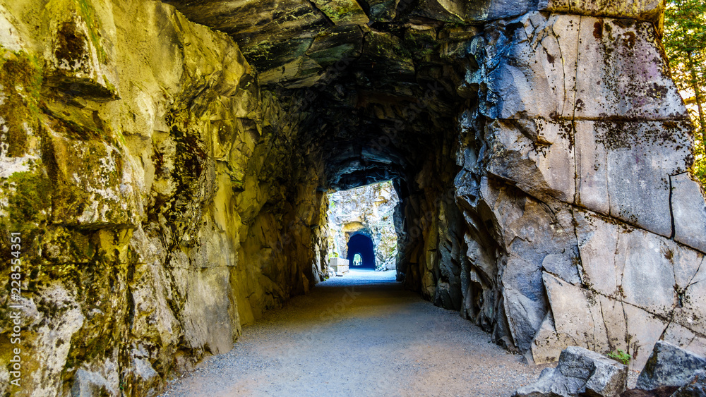 Obraz premium The Othello Tunnels, in the Coquihalla Canyon, of the now abandoned Kettle Valley Railway near the town of Hope, British Columbia, Canada