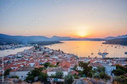 Fototapeta Naklejka Na Ścianę i Meble -  Sunset on Poros island, Greece. Aerial drone photo