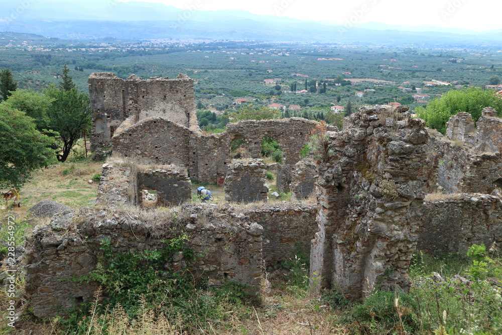 View of the ruins of abandoned medieval city of Mystras, Lakonia, Peloponnese, Greece