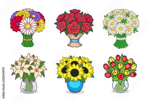 A Collection Set Of Flower Vector Illustrations (Virtual Gifts): Roses, Daisies, Gerberas, Lilies, Sunflowers, Tulips