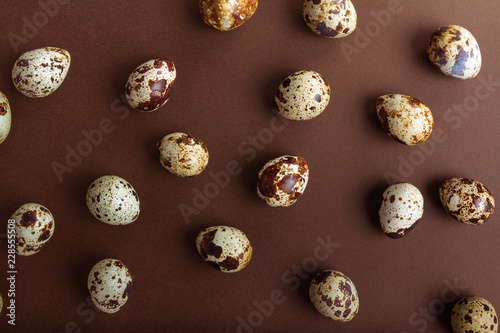 Quail eggs on a brown background. Easter festive background. Flat lay