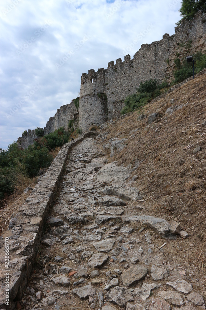 Path to the walls of Villehardouin castle, abandoned medieval town of Mystras, Peloponnese, Greece