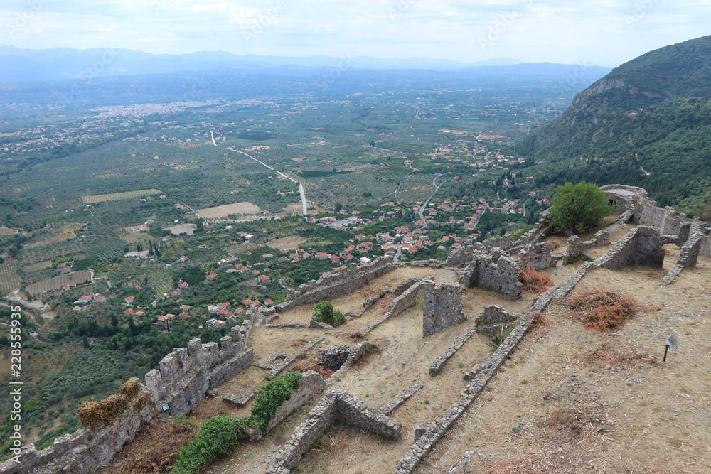 View to modern town Mystras from Villehardouin castle in ancient abandoned Mystras, Peloponnese, Greece