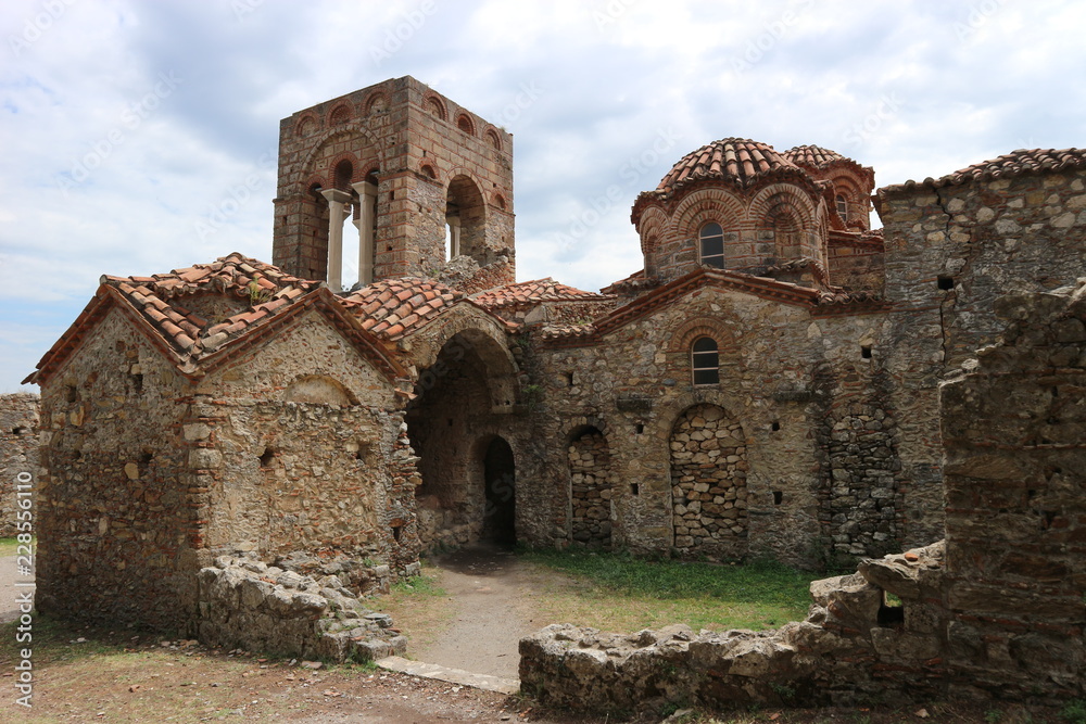 Ruins of medieval church, abandoned ancient town Mystras, Peloponnese, Greece