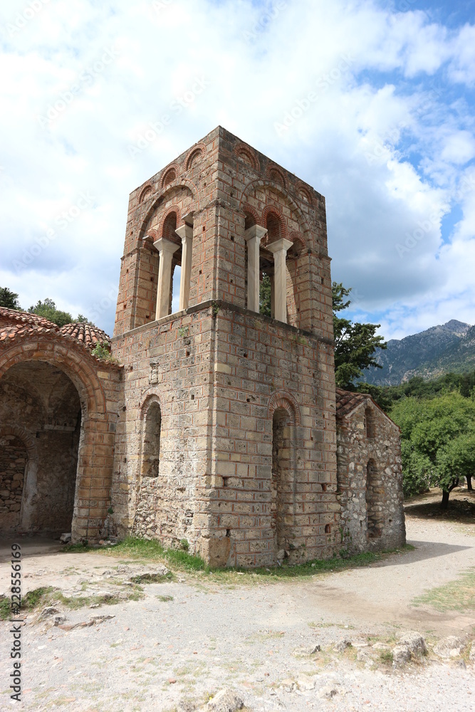 Ruin of medieval church, abandoned city Mystras, Peloponnese, Greece