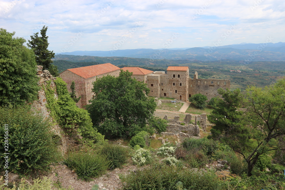 View to Despot's Palace in abandoned ancient town of Mystras, Peloponnese, Greece