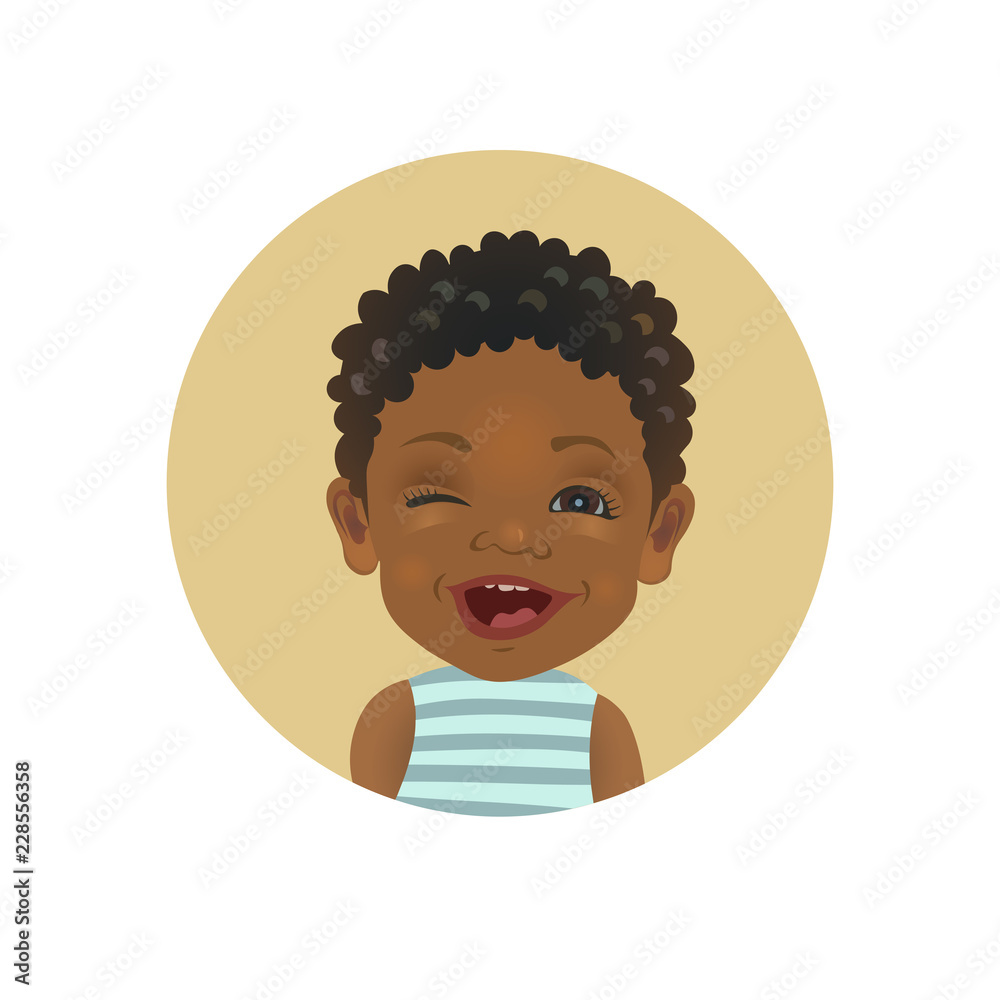 Winking Afro American child. Playful African toddler emoticon. Cute dark-skinned baby facial expression. Winking Afro American child. Playful African toddler emoticon. Cute dark-skinned baby facial expression.
