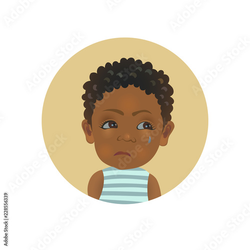 Resentful Afro American child emoticon. Cute African offended baby emoji. Discontent dark-skinned toddler smiley facial expression avatar.