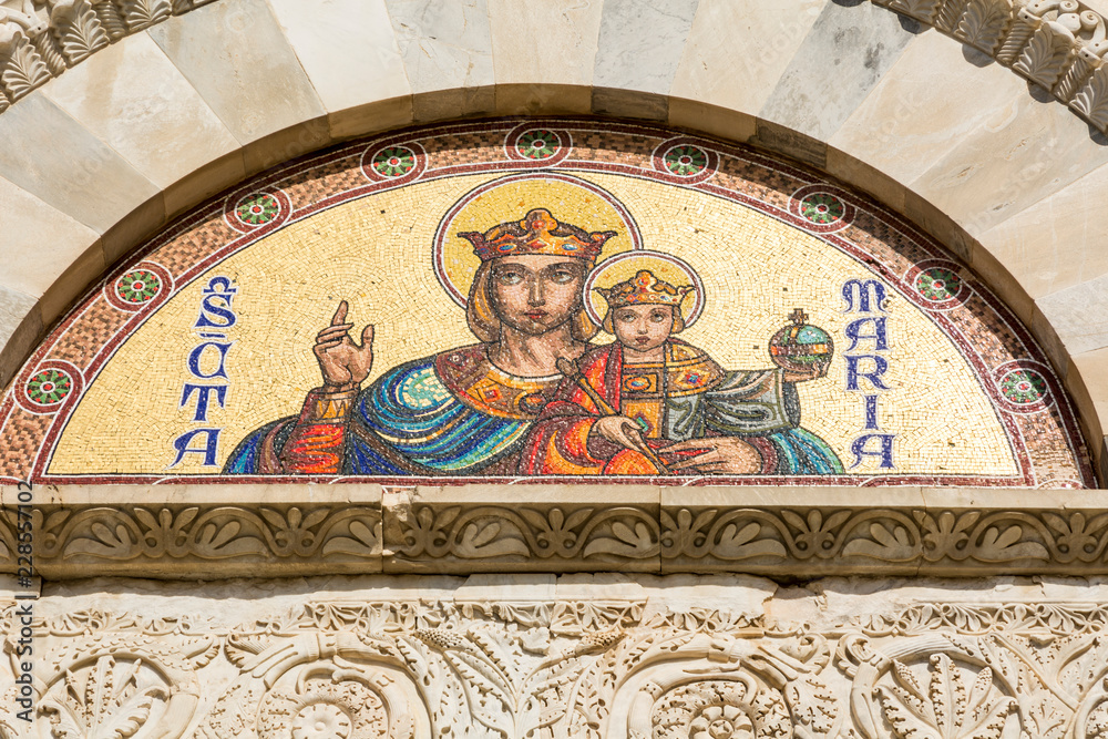 details of the mosaic tympanum above the main door of the Cathedral of Saint Mary, in Castle quarter of Cagliari, Sardinia Island, italy