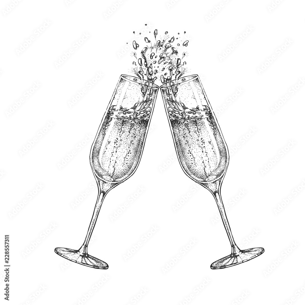Vector illustration of hand drawing two clinking champagne glasses