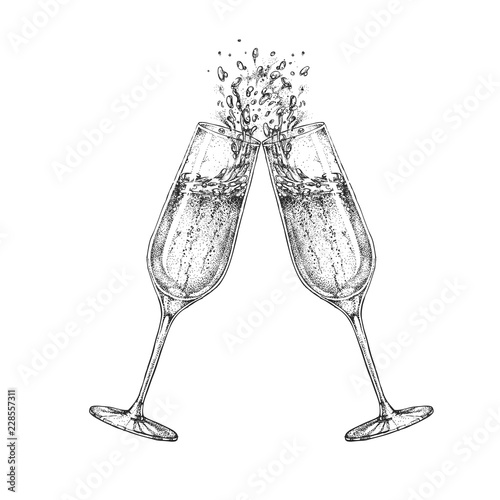 Vector illustration of hand drawing two clinking champagne glasses