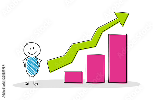 Happy hand drawn stickman showing column graph. Vector.