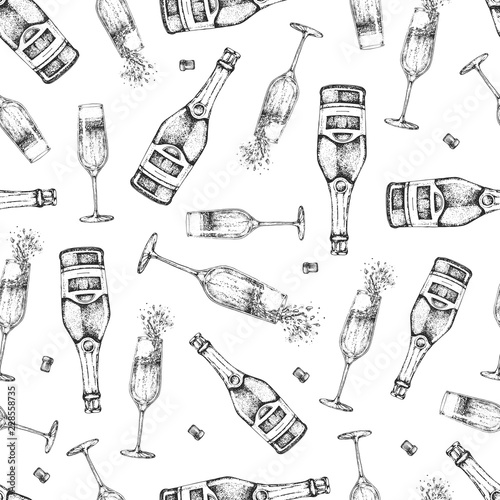 Seamless pattern with hand drawing champagne bottle, champagne glass and cork