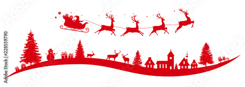 Christmas landscape with flying sleigh