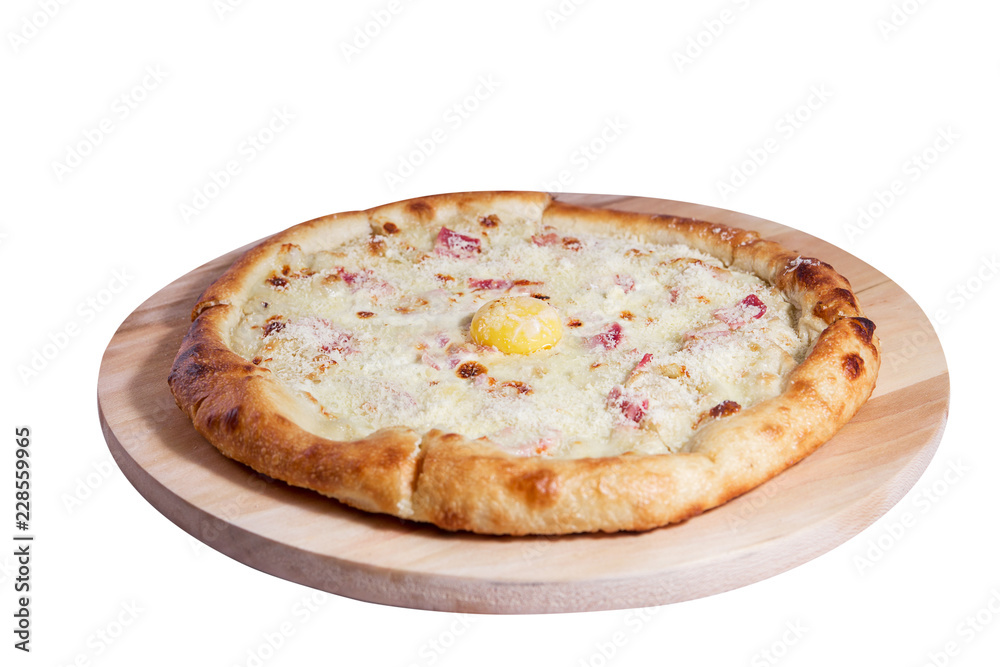 Carbonara pizza with sausage, ham, cheese and egg isolated on a white background.