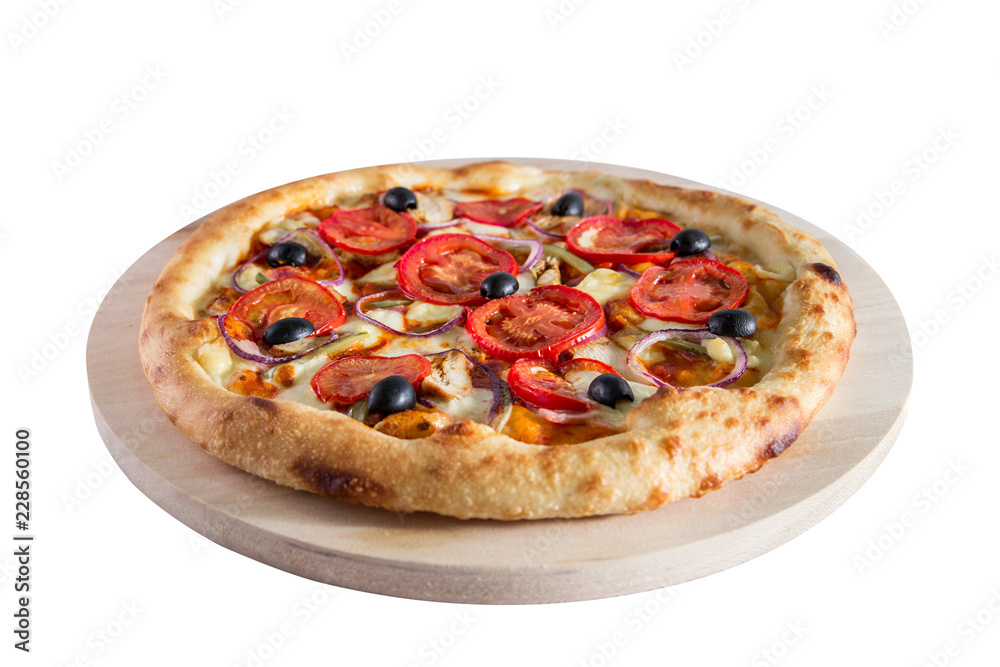 Pizza with tomatoes, olives, ham, onions and cheeseisolated on a white background. Pizza with tomatoes, olives, ham, onions and cheeseisolated on a white background.