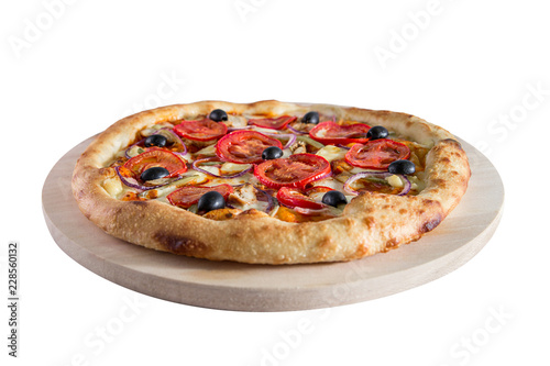 Pizza with tomatoes, olives, ham, onions and cheeseisolated on a white background.