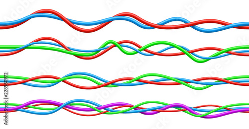 Set of twisted realistic colored electrical wires. Seamless vector texture on white background.