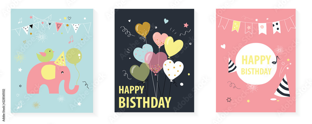several bright posters with greetings happy birthday