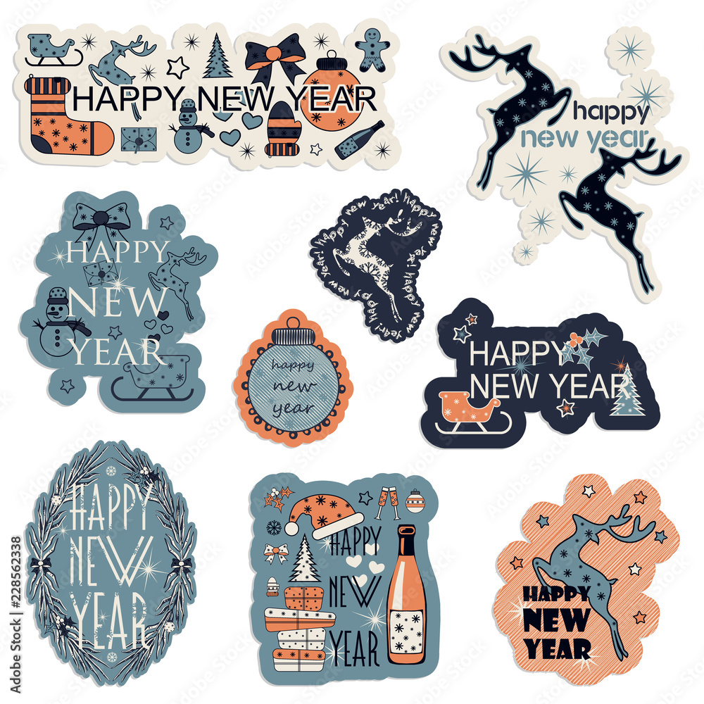 set of vector labels of elements for the new year. Christmas decorations. 