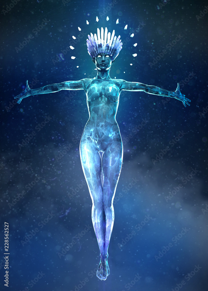 Illustrazione Stock 3d illustration of beautyful ice woman with glowing  crystal crown and small crystals on the body Floating in the air with hands  strtched enchanting. snow magic queen music poster concept