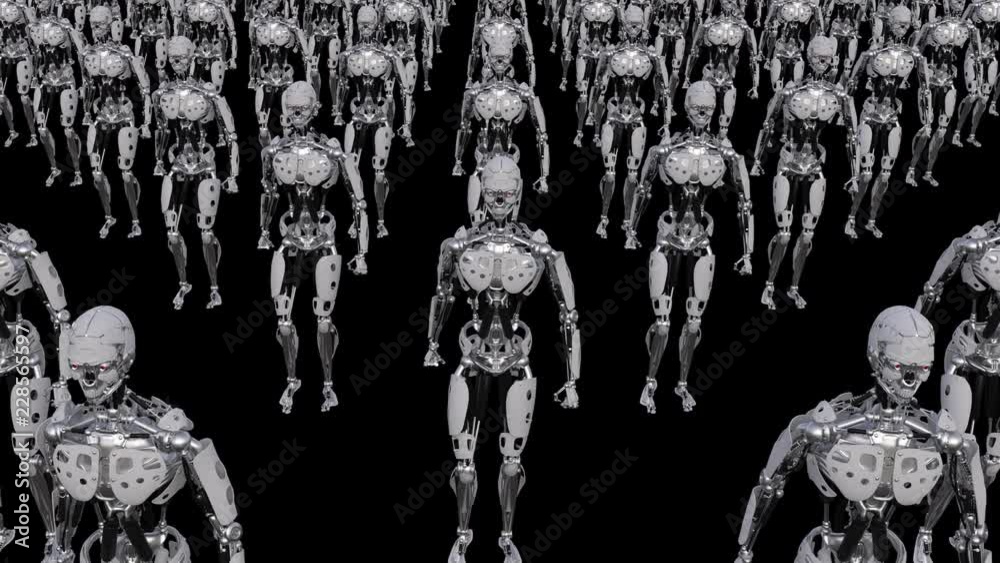 a crowd of robots is coming ,loop,animation,transparent background ...