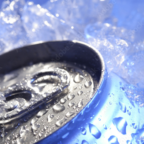 drink can iced submerged in frost ice, metal aluminum beverage