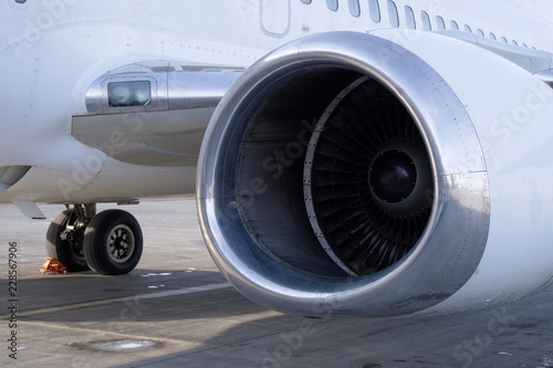 Engine of the passenger plane at the airport