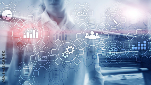 Business process abstract diagram with gears and icons. Workflow and automation technology concept.