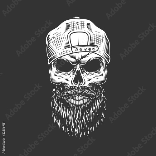 Vintage monochrome hipster skull in cap
